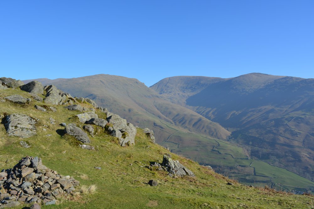 circular walk on hills high above Easedale Tarn, Cumbria, England