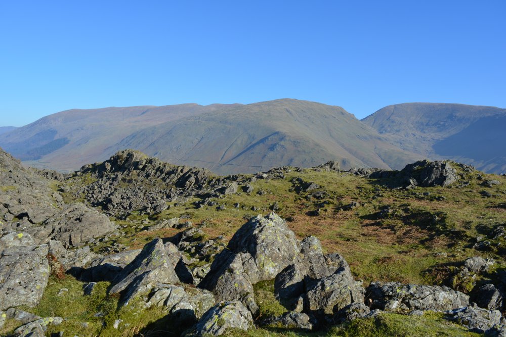 top of Helm Crag circular walk on hills high above Easedale Tarn, Cumbria, England