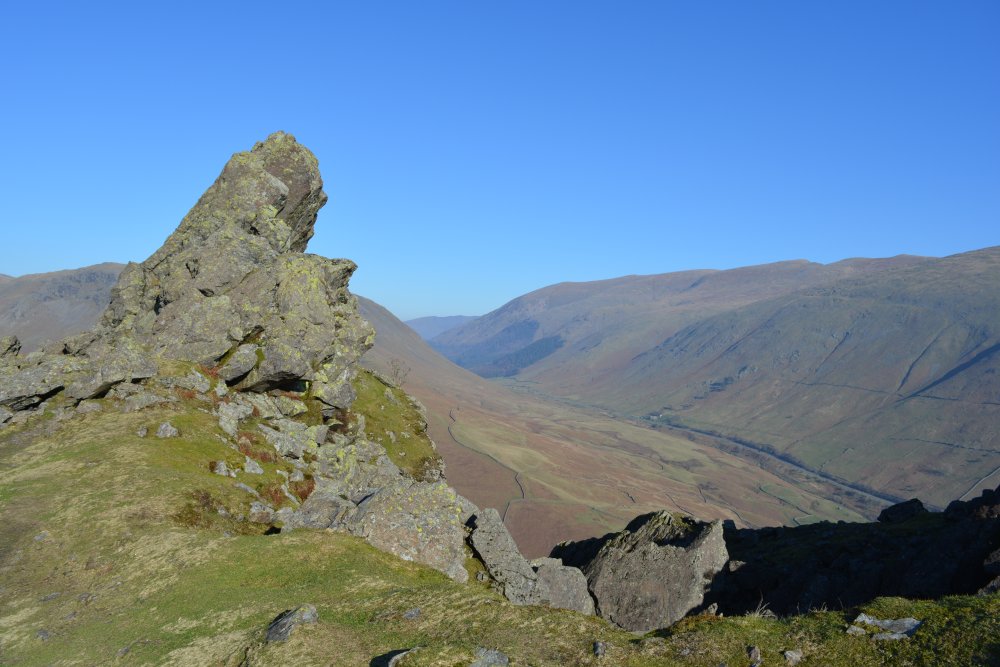 Howitzer rock on the summit of Helm Crag circular walk on hills high above Easedale Tarn, Cumbria, England