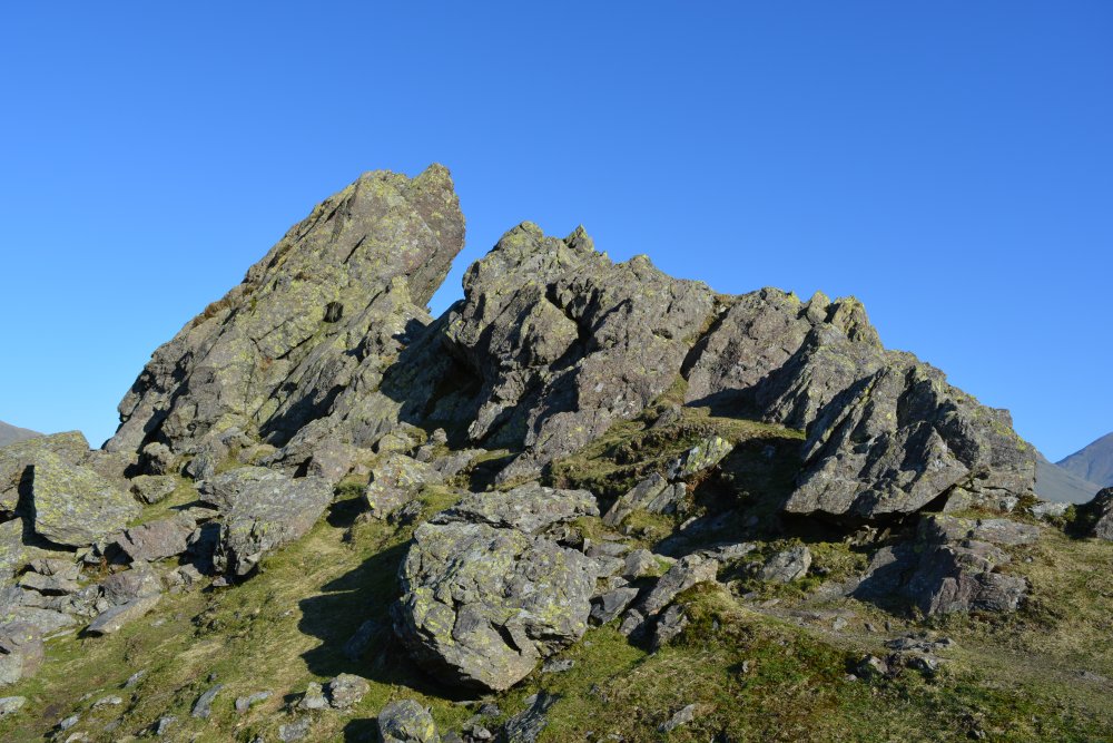 Howitzer rock circular walk on hills high above Easedale Tarn, Cumbria, England