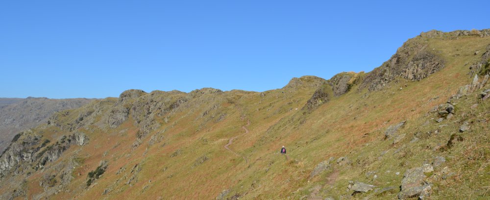 circular walk on hills high above Easedale Tarn, Cumbria, England