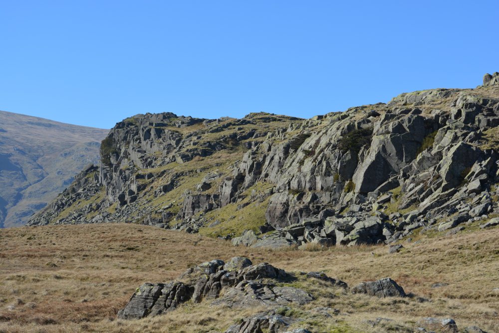 circular walk on hills high above Easedale Tarn, Cumbria, England