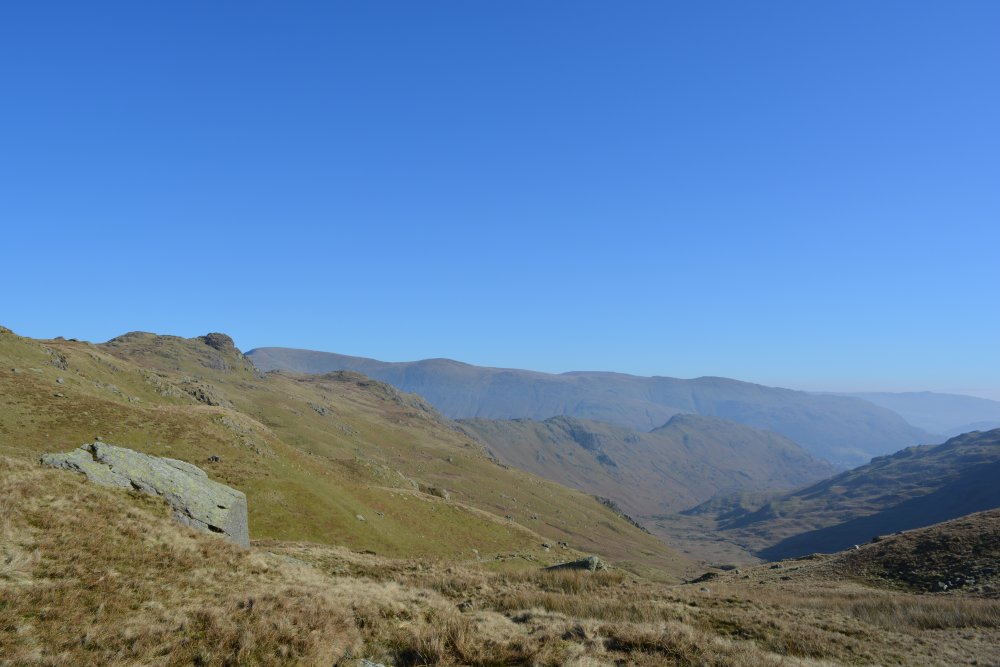 circular walk on hills high above Easedale Tarn, Cumbria, England