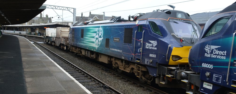 DRS Class 88 bi-mode Bo-Bo Vossloh/Stadler electro-diesel locomotive 88003 Carnforth nuclear flask train from Sellafield DRS Class 88 bi-mode Bo-Bo Vossloh/Stadler electro-diesel locomotive 88003 Carnforth nuclear flask train from Sellafield