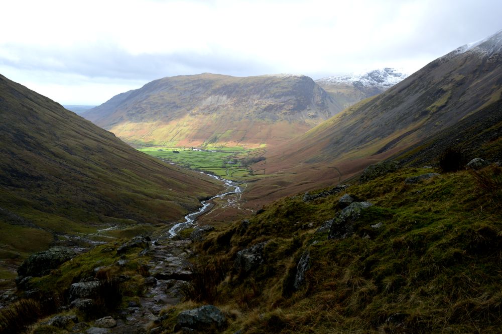 View looking back down to Wasdale Head walk from upper Wasdale Head to Sty Head Tarn stunning views