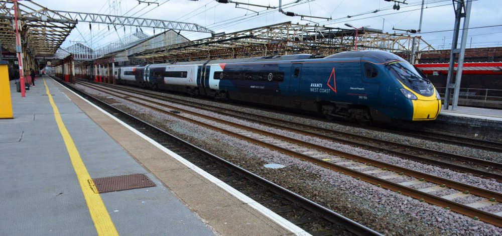 Trainspotting at Crewe station: Newly AVANTI liveried Class 390 EMU 390125 at Crewe station with an Avanti West Coast service from Glasgow Central to London Euston (March 2020)