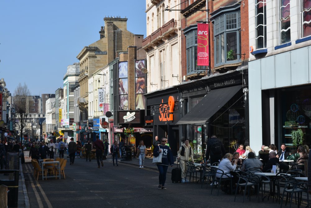 A general view down Bold Street, Liverpool, with all its cafes, restaurants and bespoke shops of art and fassion