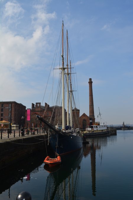 The Blue Clipper (Once white and named Spirit of Hennessey�) is a three masted sailing ship moored in the Canning half tide dock, this 'tall ship' built in 1991 in Sweden. Liverpool's historic docks England