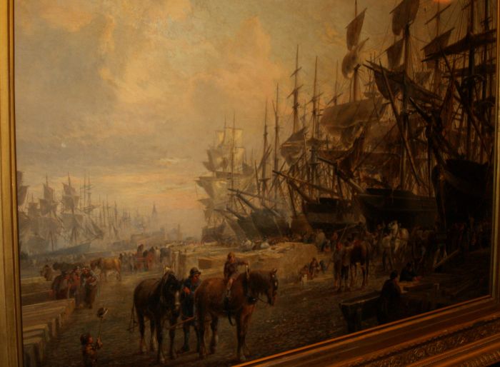 Liverpool Maritime Museum: The painting 'Canada Timber Docks, Liverpool, Towards Close of Day' by Robert Dudley (active 1865-1891)