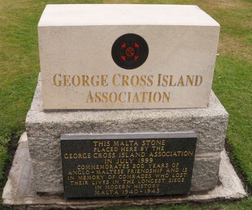 'Malta Stone' by St Luke's Church, Liverpool. placed here by the George Cross Island Association in 1999 to commemorate 200 years of Anglo-Maltese friendship and is in memory of comrades who lost their lives in the longest siege in modern history from 1940-1943