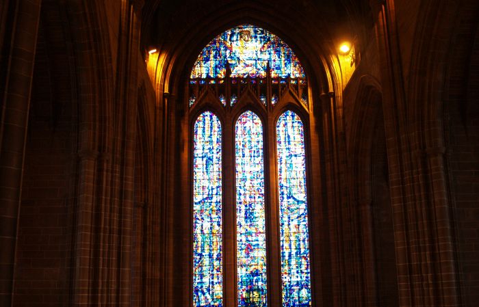 The stained glass panels of south window above the High Altar Anglican Cathedral Liverpool
