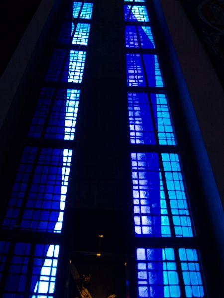 Some of the blue-cyan coloured stained glass windows by John Piper and made by Patrick Reyntiens RC Roman Catholic Cathedral Liverpool