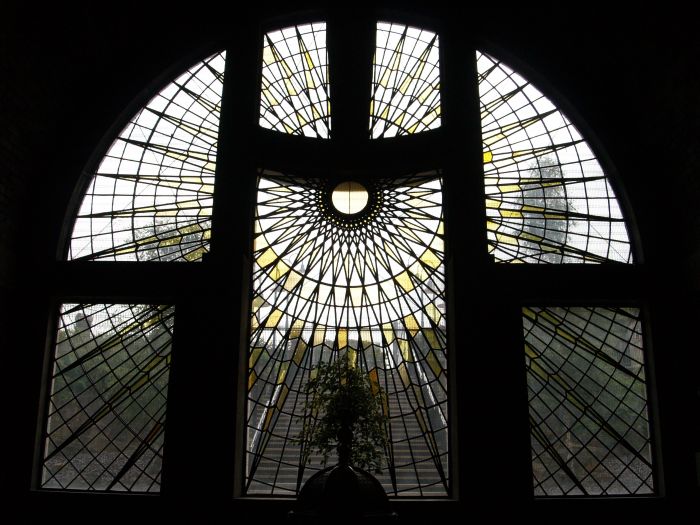 Lutyens Crypt: The two great windows of the Crypt with a small amount of stained glass RC Roman Catholic Cathedral Liverpool