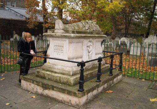 The tomb of John Bunyan, author of A Pilgrims Progress, Bunhill Fields Cemetery, City Road - Scenes of London Town and City, England