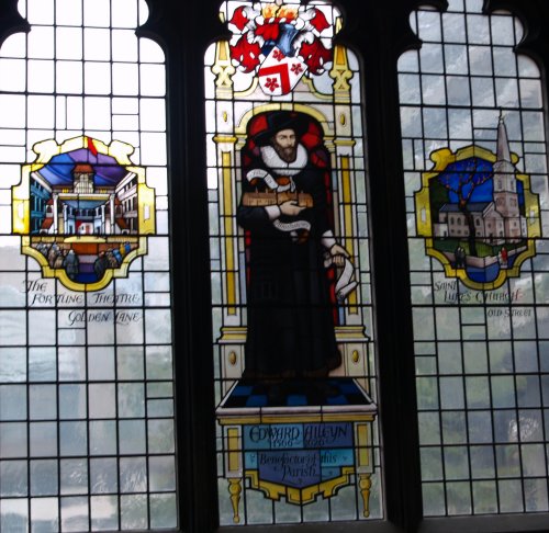 One of the stained glass windows of St Giles Cripplegate - Scenes of London Town and City, England