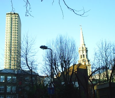 (right) a modern high-rise block (Centre Point?) contrasts with the spire of one of Christopher Wren's Baroque churches - Scenes of London Town and City, England