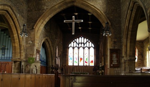 Looking down the nave through the chancel arch, note the pew boxes (from 1838) on either side.