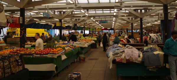 There are wonderful vegetables on display in the very colourful Leicester Market.