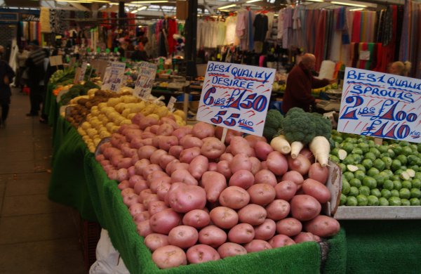 There are wonderful vegetables on display in the very colourful Leicester Market.
