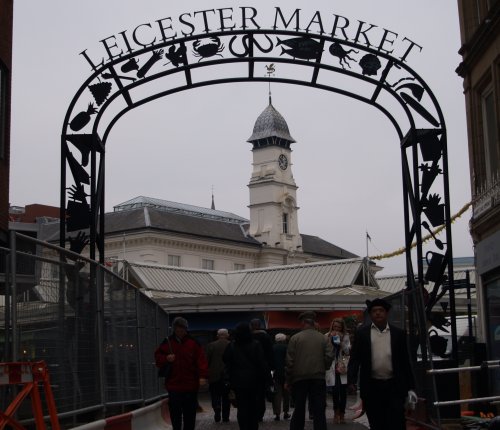 the entrance to the famous Leicester Market and alongside it is the Corn Exchange (in the background)