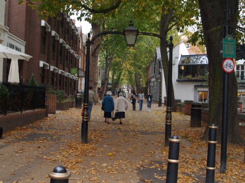 The lower end of New Walk (dated 1785), a promenade free from road traffic for over two hundred years! The iron lamp standards (lampposts!) date from the early 19th century.