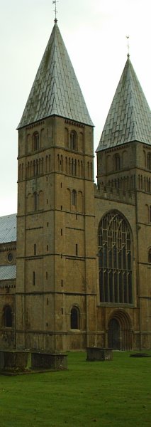 The magnificent pyramidal lead west towers Southwell Minster, Nottinghamshire