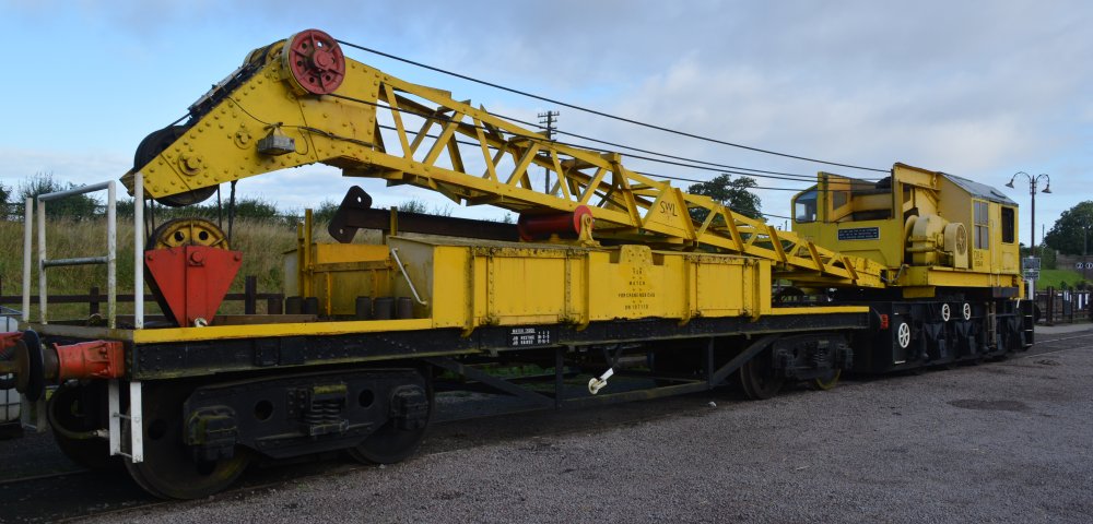 Breakdown crane (markings: B.R. DRA 81549 YSR MATCH FOR CRANE No 8 81549 DW 107110) at Quorn and Woodhouse station yard, Great Central Railway heritage weekend 'Railways at Work' (GCR August 2023)