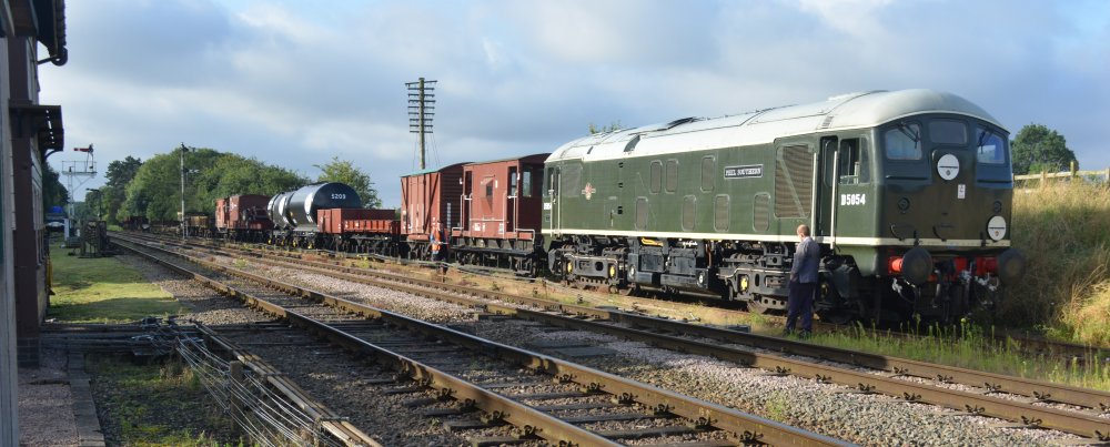 Class 24 Bo-Bo diesel locomotive D5054 with a demonstration freight train at Quorn and Woodhouse station, Great Central Railway heritage weekend 'Railways at Work' (GCR August 2023)