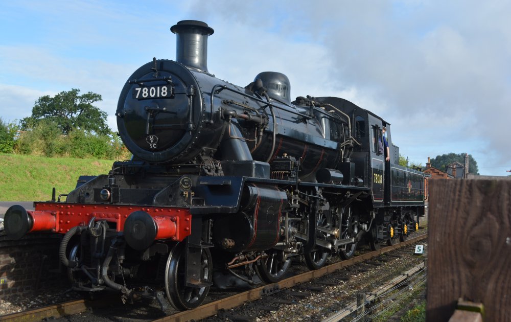 Ex BR standard 2-6-0 2MT steam locomotive passing south through Quorn and Woodhouse station, Great Central Railway heritage weekend 'Railways at Work' (GCR August 2023)