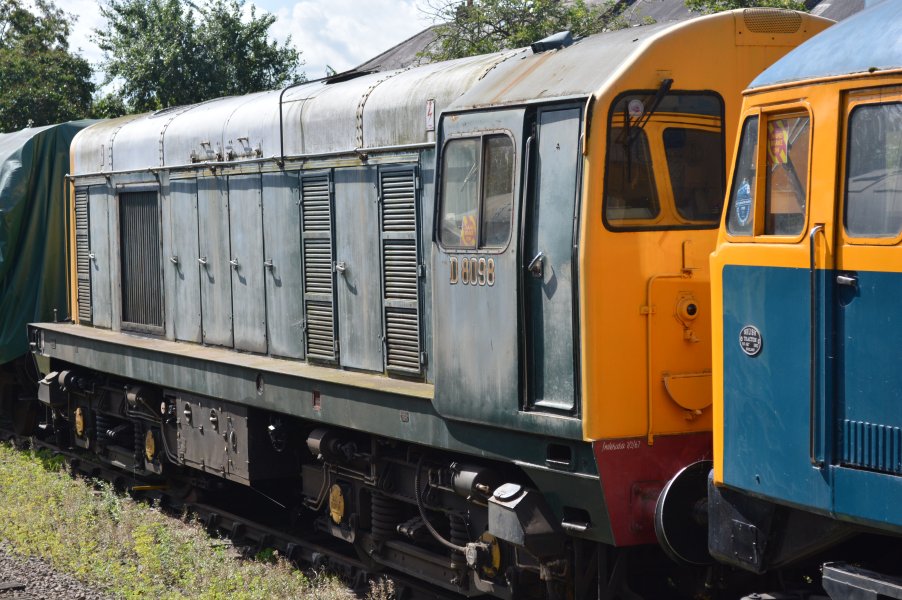 Looking a bit shabby, Class 20 Bo-Bo diesel locomotive D8098 parked south of Loughborough station (GCR, August 2023)