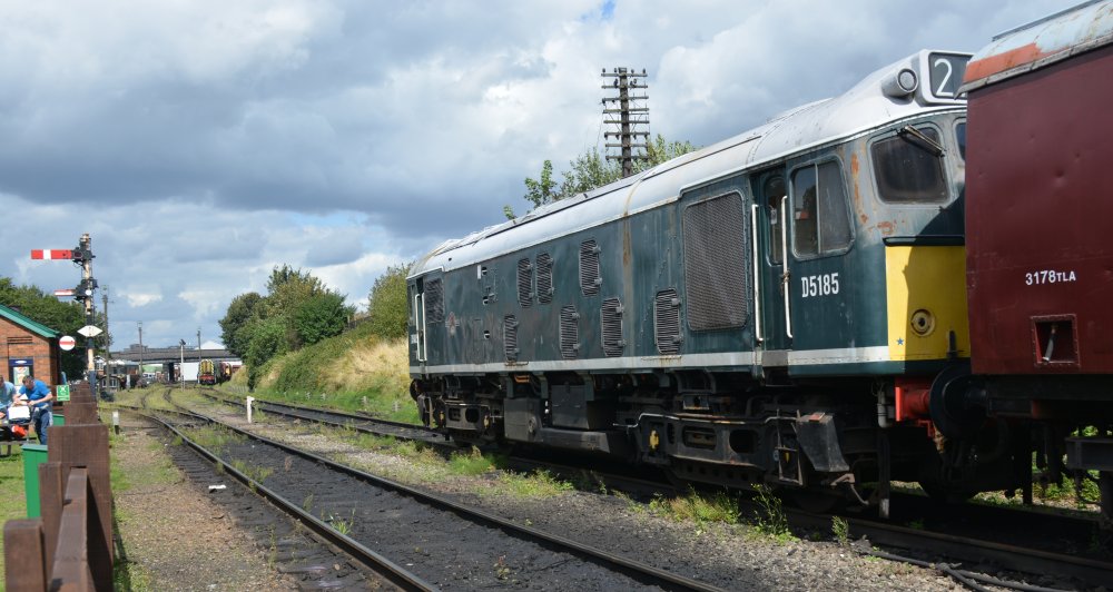 Built at Darlington Works in 1963, Class 25 D5185 (TOPS No. 25035) in BR green livery, standing by Loughborough Central station (GCR, August 2023)