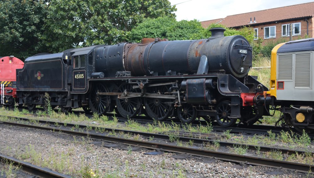 Stanier Black 5 5MT steam locomotive 45305 standing in the works-station yard of Loughborough Central station. Definitely in need of some attention and an appeal has been launched for 45305 to be returned to full working order.