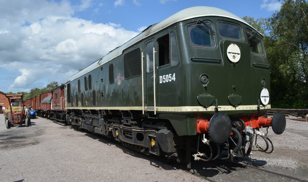 Portrait of Class 24 Bo-Bo diesel locomotive D5054 PHIL SOUTHERN with a demonstration freight train in the goods yard of Quorn and Woodhouse station, Great Central Railway heritage weekend 'Railways at Work' (GCR August 2023)