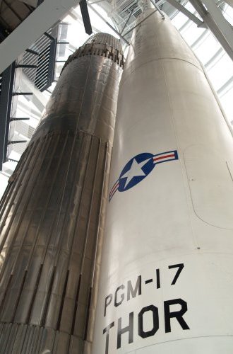 The British Blue Streak rocket (the largest rocket built in the UK) and the USAF PGM-17 Thor Rocket. The National Space Centre, Leicester, England, English Midlands