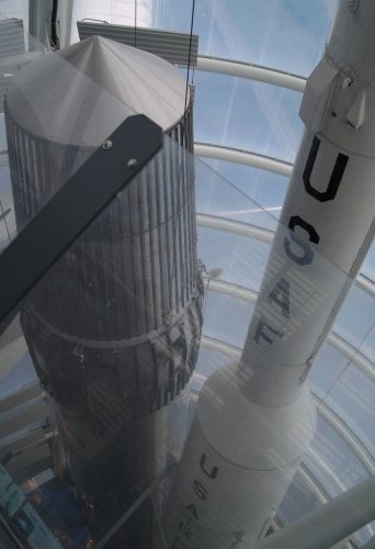 The British Blue Streak rocket (the largest rocket built in the UK) and the USAF PGM-17 Thor Rocket. The National Space Centre, Leicester, England, English Midlands