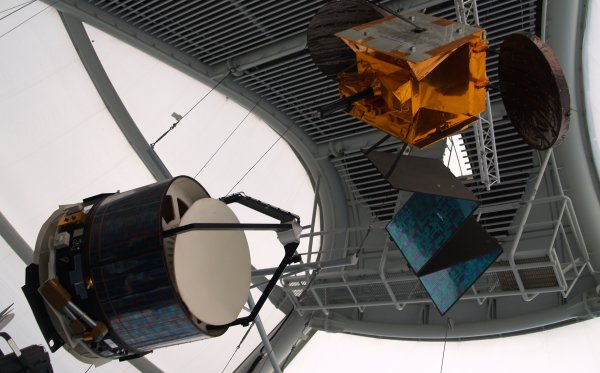 Suspended satellites, with wires NOT gravity! The National Space Centre, Leicester, England, English Midlands