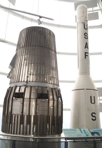 The British Blue Streak rocket (the largest rocket built in the UK) and the USAF PGM-17 Thor Rocket. The National Space Centre, Leicester, England, English Midlands