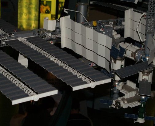 A model of a large space station with all the solar panels extended to absorb the Sun's radiation to provide energy to power the space station. The National Space Centre, Leicester, England, English Midlands