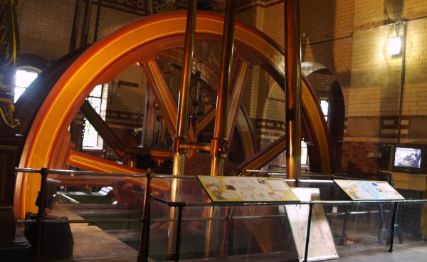 The giant wheels working the pumps are driven by steam beam engines and the pumping station is fired up occasionally for demonstration. The Abbey Pumping Station Museum of Science and Technology, Leicester, England, English Midlands