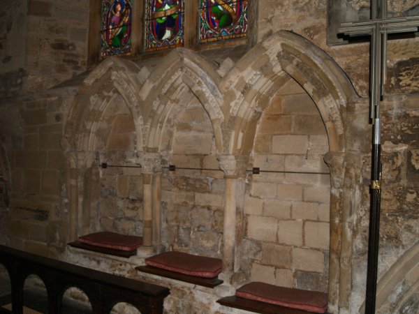 The early English Sedilia of circa 1250 set into the south-east section of the south aisle wall. The internal architecture of St Mary de Castro Church, City of Leicester, England, English Midlands