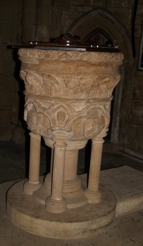 Norman font. The internal architecture of St Mary de Castro Church, City of Leicester, England, English Midlands