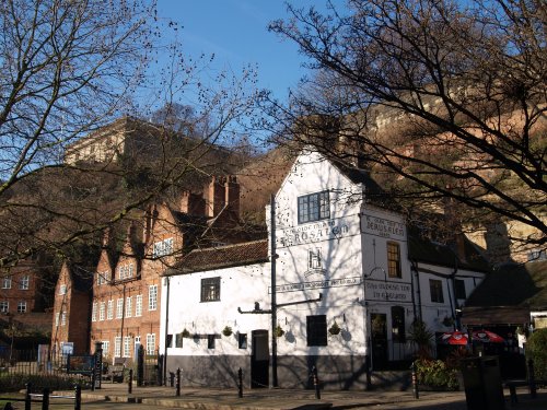 Ye Olde Trip to Jerusalem 1189 AD is a pub built into the sandstone of the hill the Norman castle was originally built on and claims to be the oldest tavern/inn in England, dating from before AD 1189. Some of the bars and linking passages are hewn out of the sandstone rock - City of Nottingham, England, English Midlands