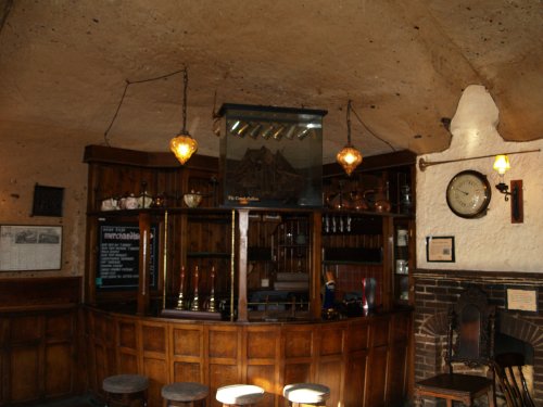 Ye Olde Trip to Jerusalem 1189 AD is a pub built into the sandstone of the hill the Norman castle was originally built on and claims to be the oldest tavern/inn in England, dating from before AD 1189. Some of the bars and linking passages are hewn out of the sandstone rock - City of Nottingham, England, English Midlands