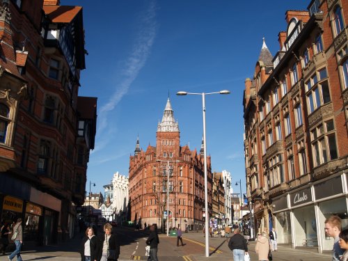 Buildings in the City Centre, looking up King Street from Market Square and Long Row is on the right - City of Nottingham, England, English Midlands