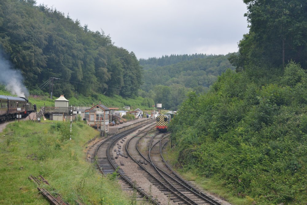 Views from the steam train of the yard sidings workshops at Norchard Dean Forest Railway Gloucestershire England