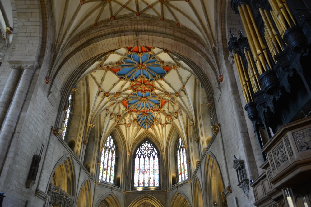 roof decoration of the choir and the east windows of Tewkesbury Abbey Gloucestershire England