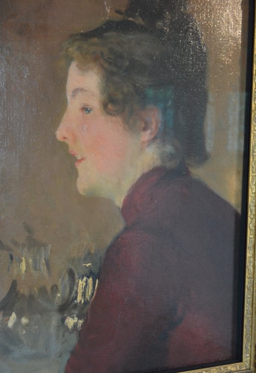 Portrait of Violet Sargent in a Red Dress 1889 oil on canvas by John Singer Sargent Tudor House Art Gallery Broadway Cotswolds village Worcestershire England