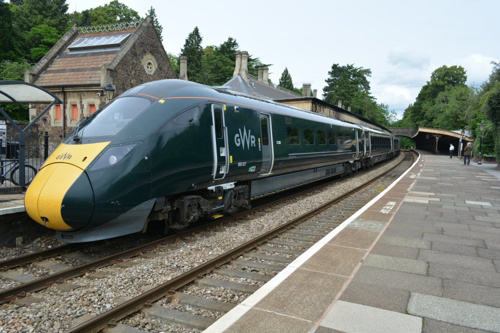 Bi-mode multiple unit train Class 800/0  800021 at Great Malvern station with a GWR service from Worcester to Paddington