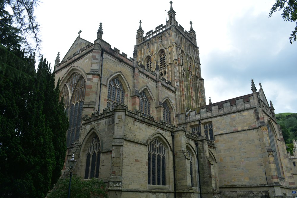 Exterior views of the east end and south transept of Great Malvern Priory Church Worcestershire England