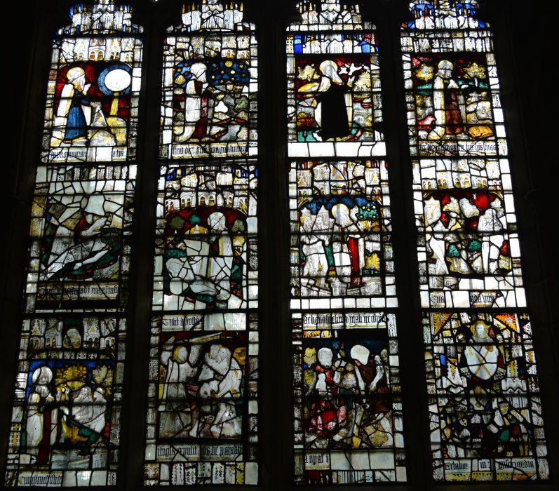 medieval stained glass windows in St Anne's Chapel, Great Malvern Priory Church Worcestershire England